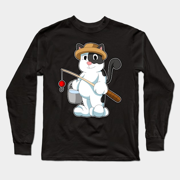 Cat as Angler with Bucket of Water Long Sleeve T-Shirt by Markus Schnabel